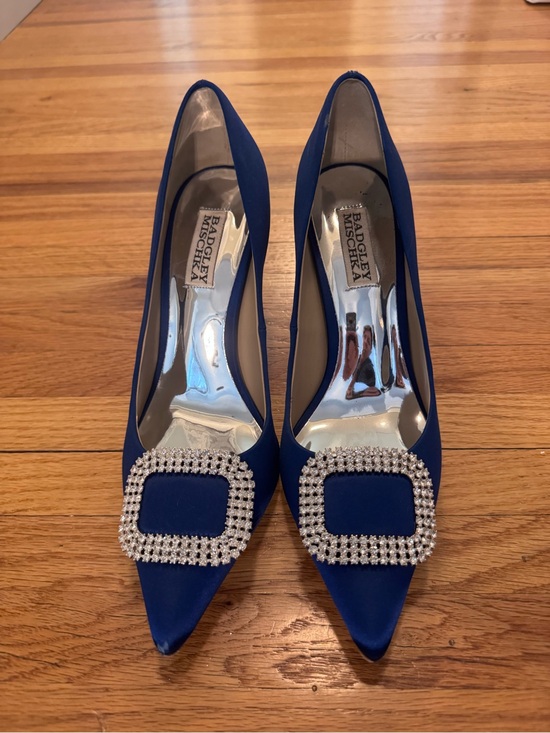 Badgley Mischka Shoes - Badgley Mischka Sapphire Blue Satin Pointed-Toe Pumps with Crystal Buckle